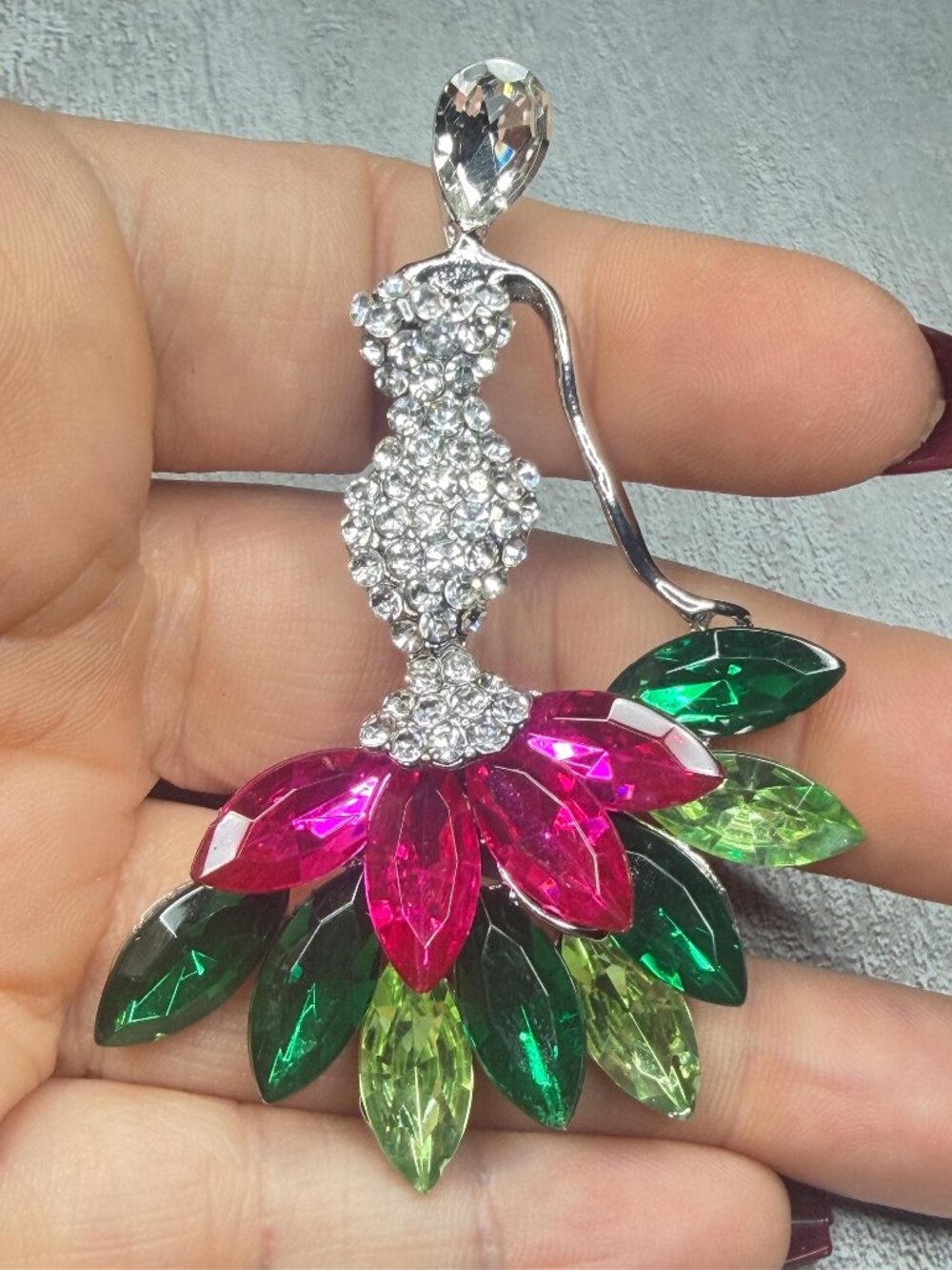 Lady Brooch Pendant Rhinestones Pink Green Crystal Dress Pin